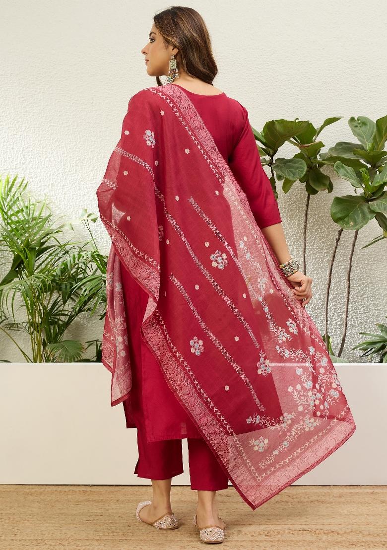Red Embroidery Silk Kurta Set - Indya
