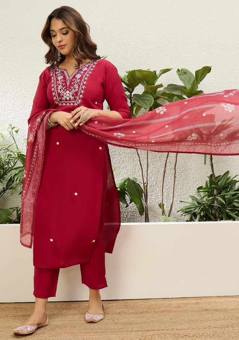 Red Embroidery Silk Kurta Set - Indya