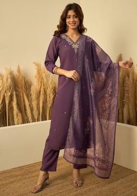 Lavender Embroidery Silk Kurta Set