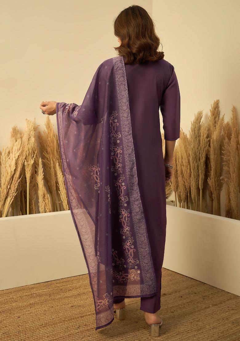 Lavender Embroidery Silk Kurta Set - Indya