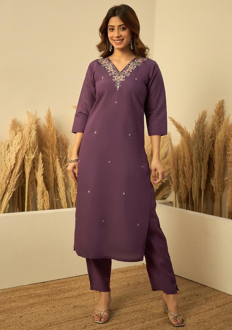 Lavender Embroidery Silk Kurta Set - Indya