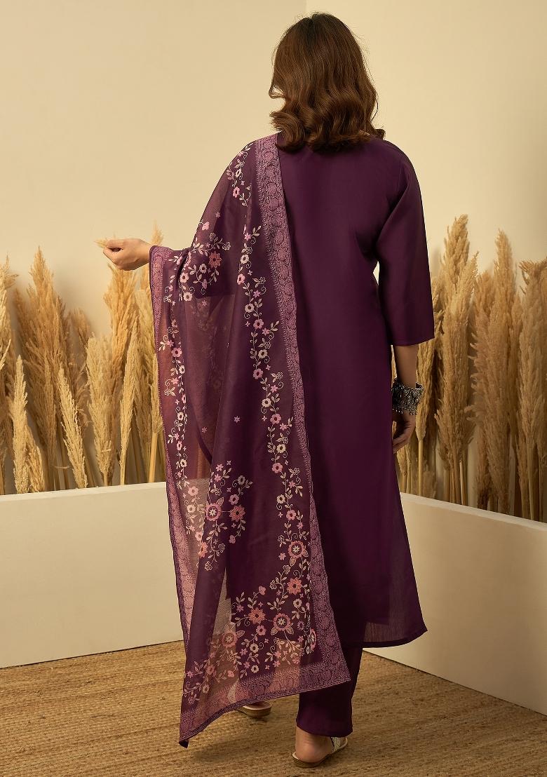 Purple Embroidery Silk Kurta Set - Indya