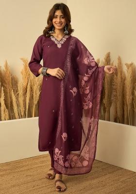 Wine Embroidery Silk Kurta Set