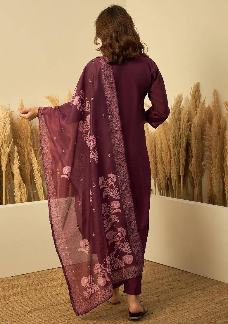 Wine Embroidery Silk Kurta Set - Indya