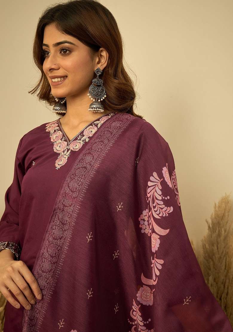 Wine Embroidery Silk Kurta Set - Indya
