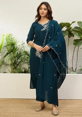 Blue Embroidery Silk Kurta Set