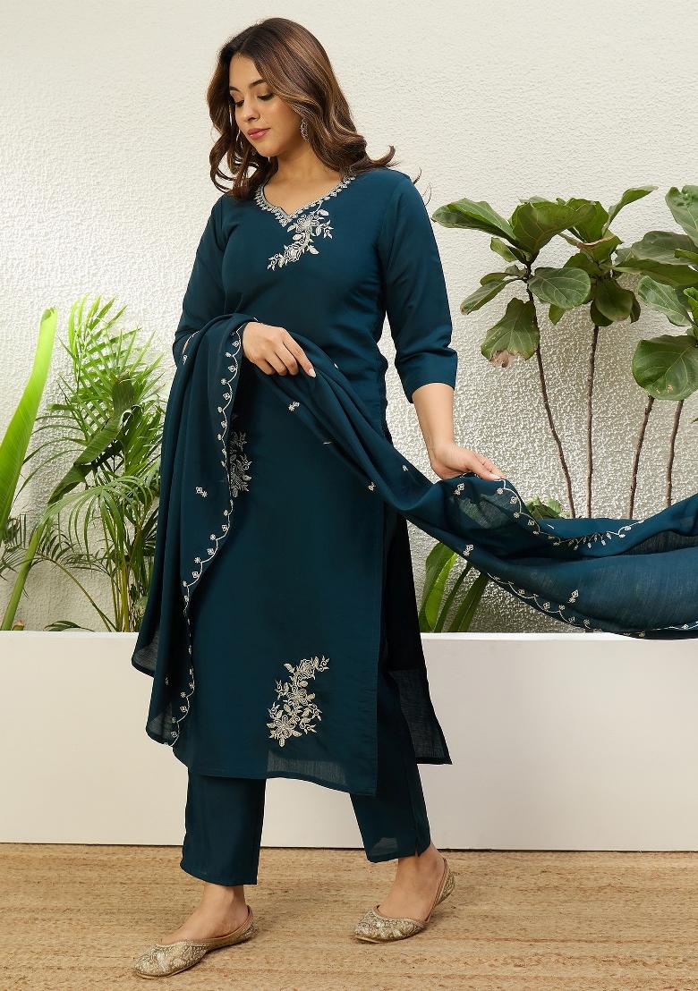 Blue Embroidery Silk Kurta Set - Indya