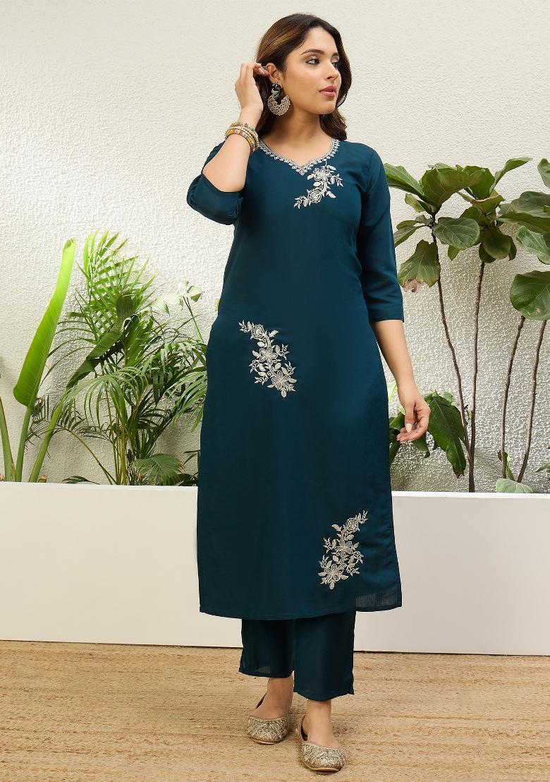 Blue Embroidery Silk Kurta Set - Indya