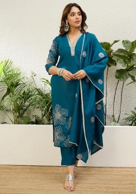 Teal Blue Embroidery Silk Kurta Set