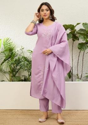 Lavender Embroidery Silk Kurta Set