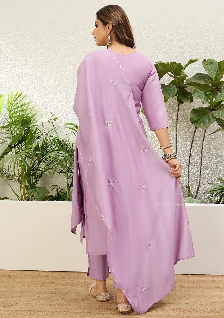 Lavender Embroidery Silk Kurta Set - Indya