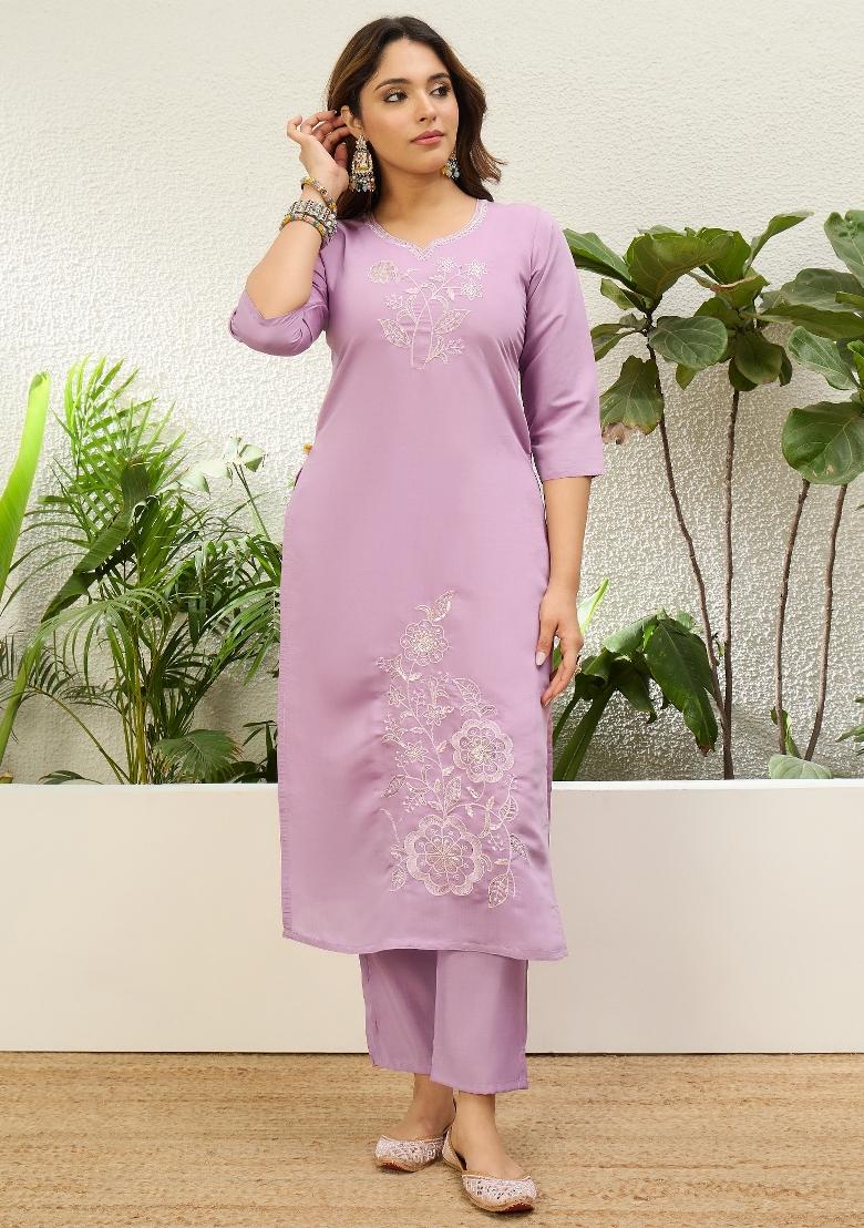 Lavender Embroidery Silk Kurta Set - Indya