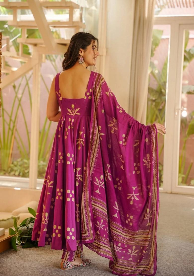 Pink Printed Silk Kurta Set - Indya