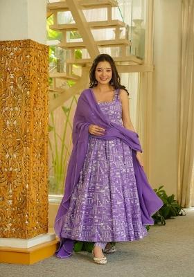 Lavender Printed Silk Kurta Set