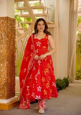 Red Printed Silk Kurta Set