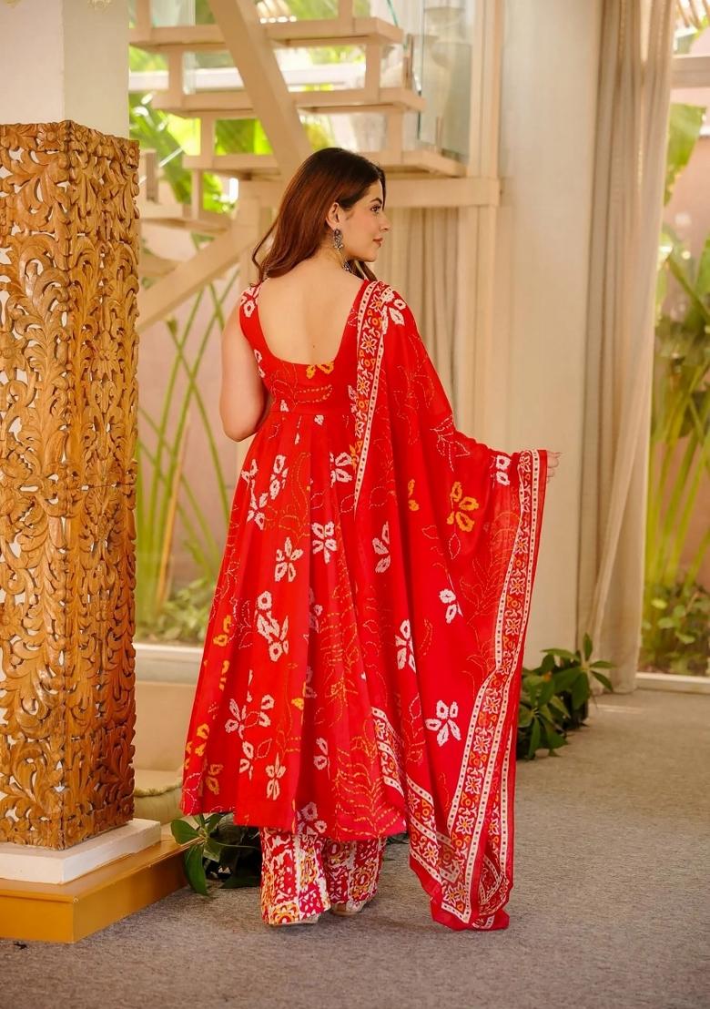 Red Printed Silk Kurta Set - Indya
