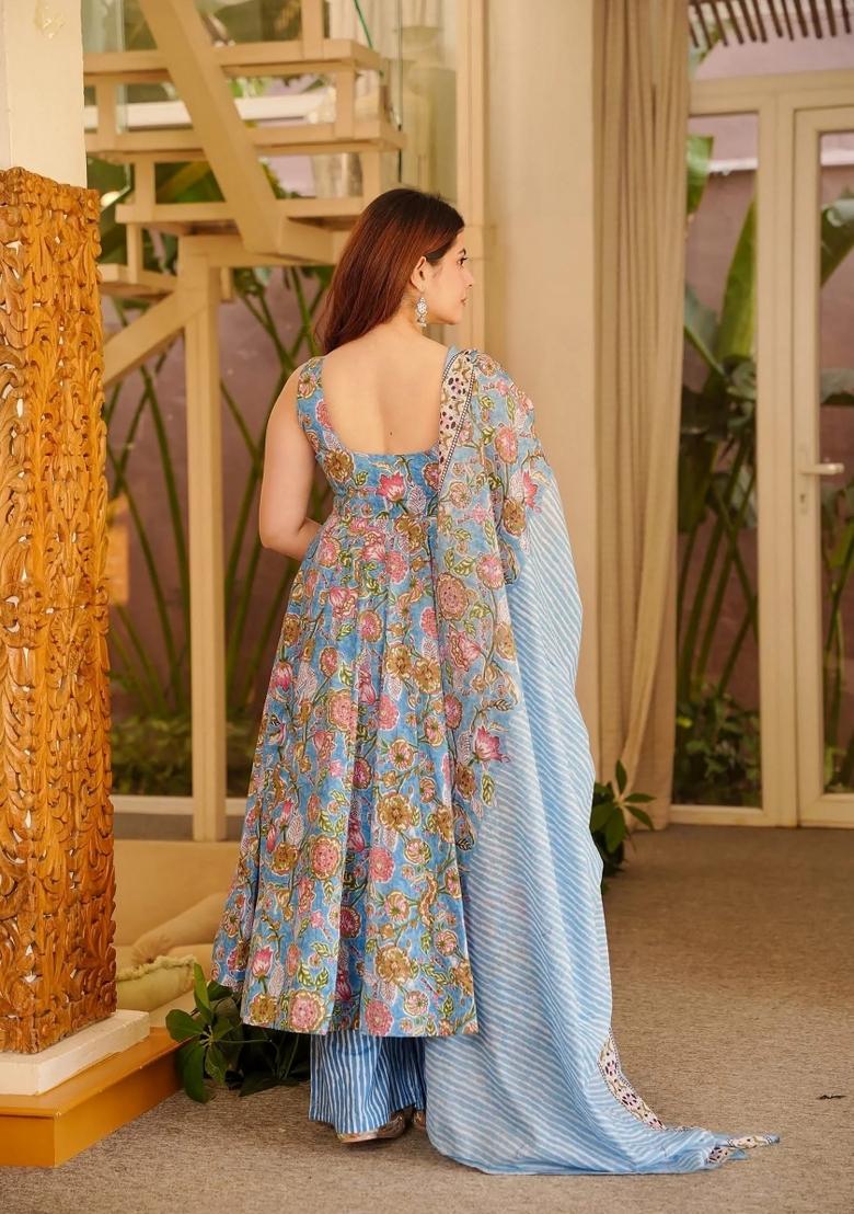 Grey Printed Silk Kurta Set - Indya