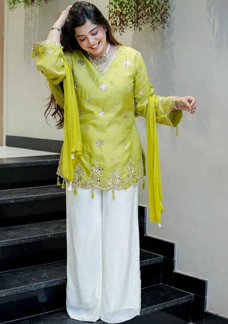 Lemon Embroidery Silk Kurta Set - Indya