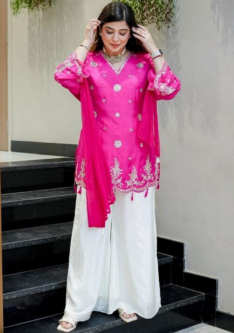 Pink Embroidery Silk Kurta Set - Indya