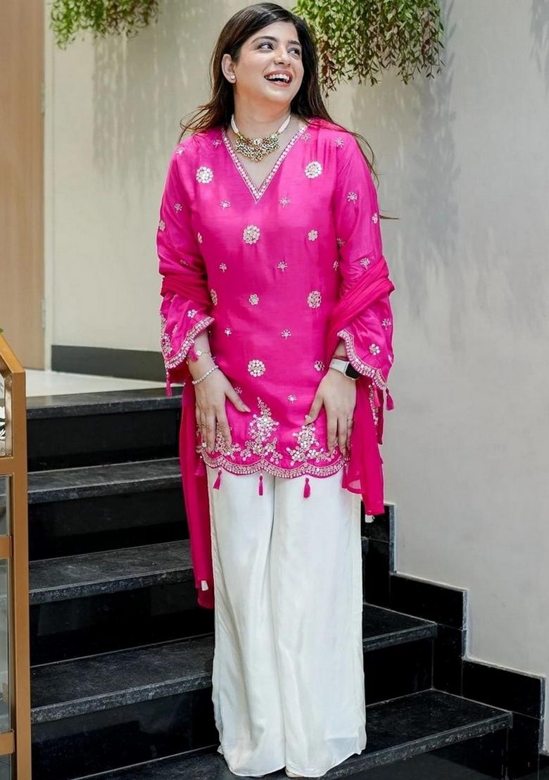 Pink Embroidery Silk Kurta Set - Indya