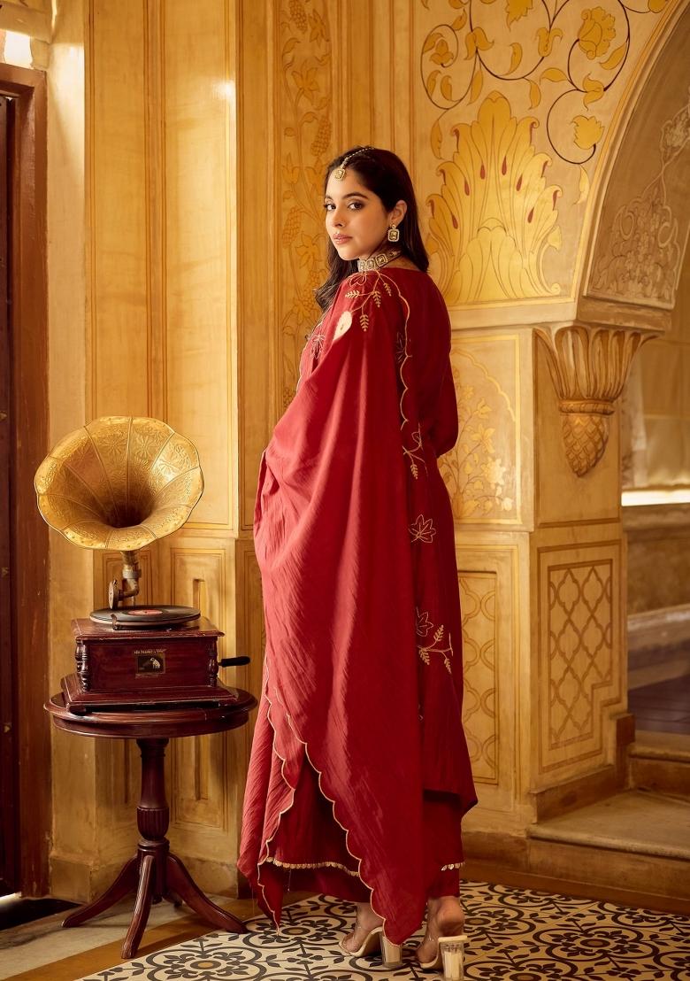 Maroon Embroidery Chanderi Kurta Set - Indya