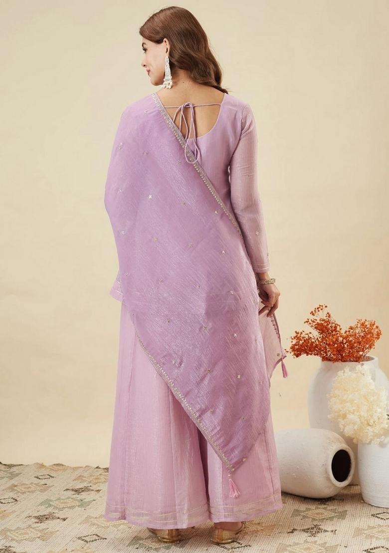 Lavender Embroidery Silk Kurta Set - Indya