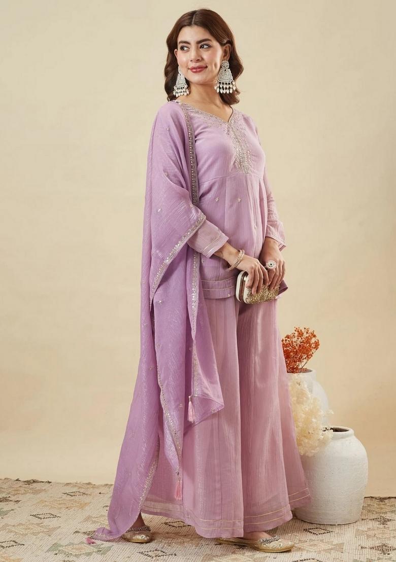 Lavender Embroidery Silk Kurta Set - Indya