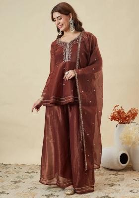 Maroon Embroidery Silk Kurta Set