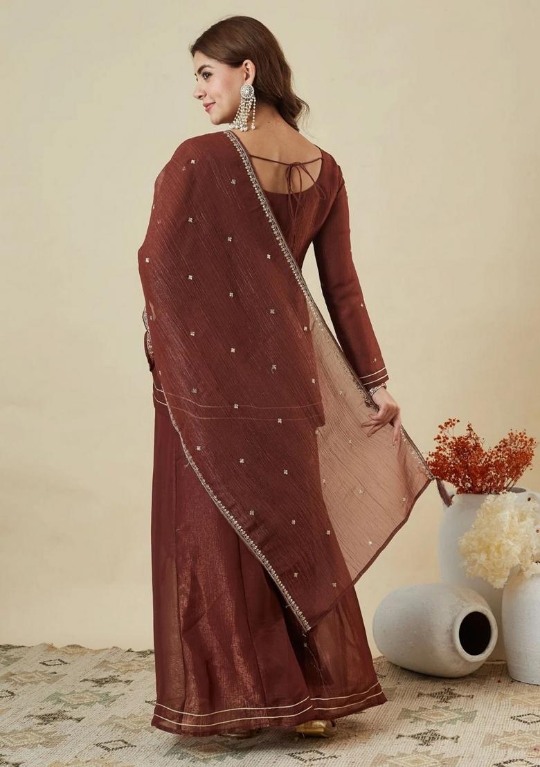 Maroon Embroidery Silk Kurta Set - Indya