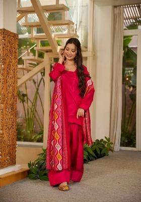 Pink Printed Silk Kurta Set