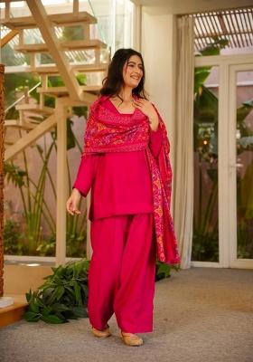 Pink Printed Silk Kurta Set