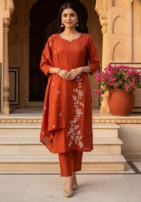 Red Embroidery Silk Kurta Set