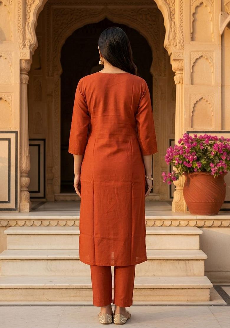 Red Embroidery Silk Kurta Set - Indya