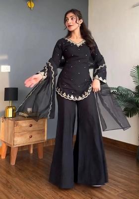 Black Embroidery Silk Kurta Set