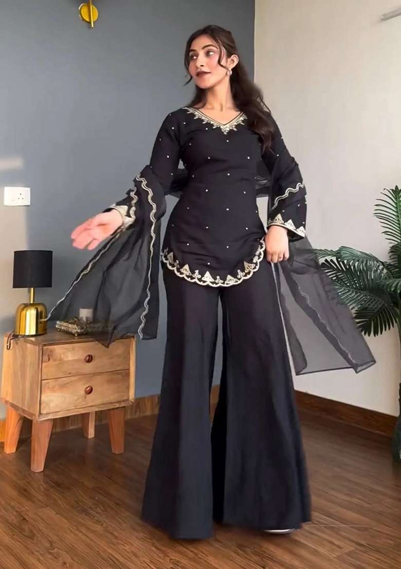 Black Embroidery Silk Kurta Set - Indya