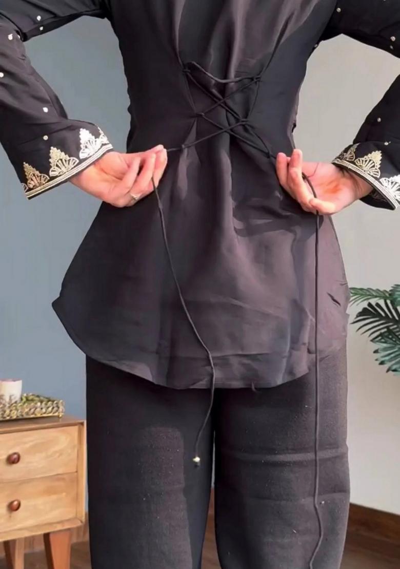 Black Embroidery Silk Kurta Set - Indya