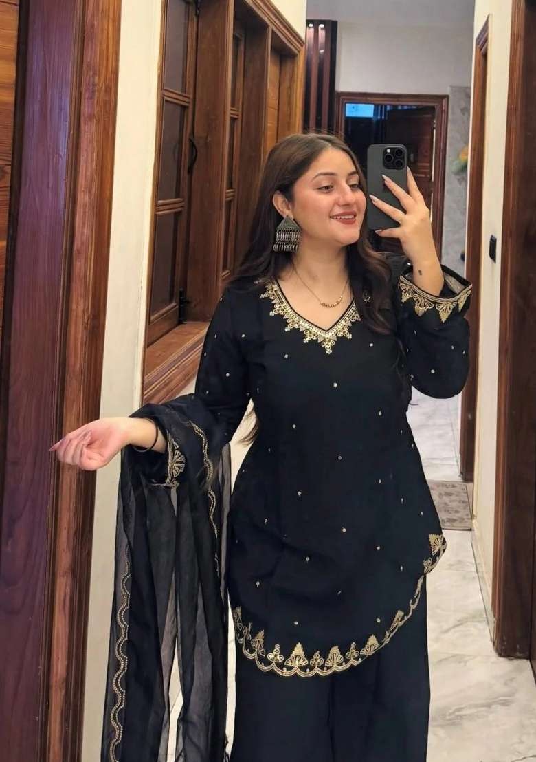 Black Embroidery Silk Kurta Set - Indya