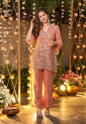 Peach Embroidery Silk Kurta Set