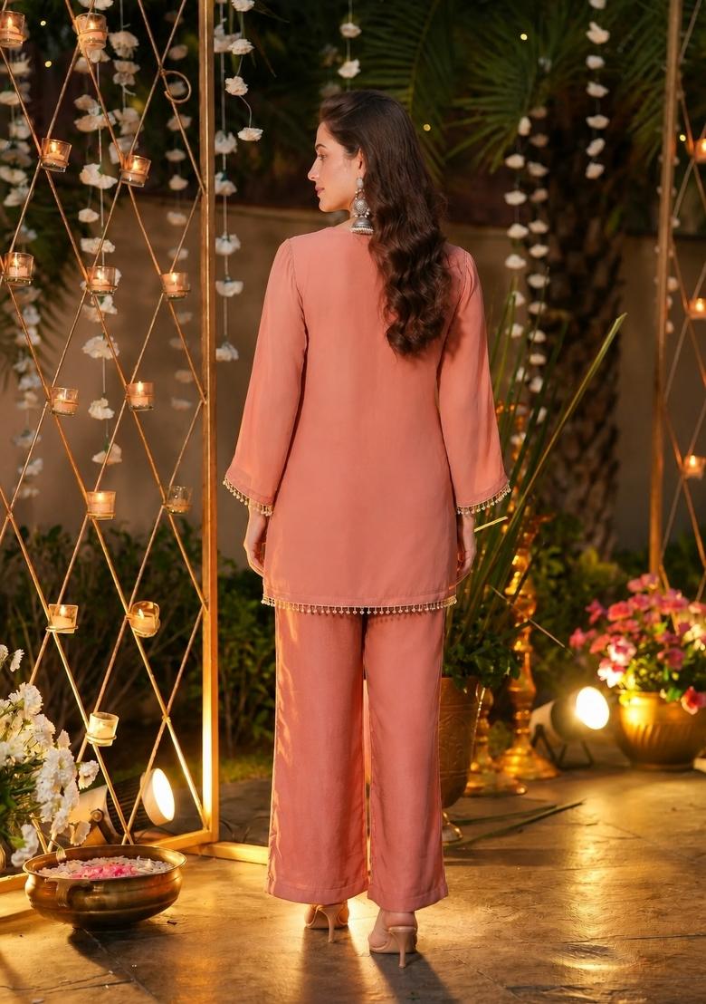 Peach Embroidery Silk Kurta Set - Indya