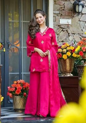 Pink Embroidery Silk Kurta Set