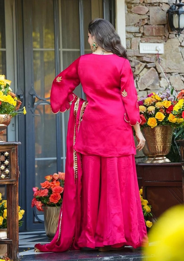 Pink Embroidery Silk Kurta Set - Indya