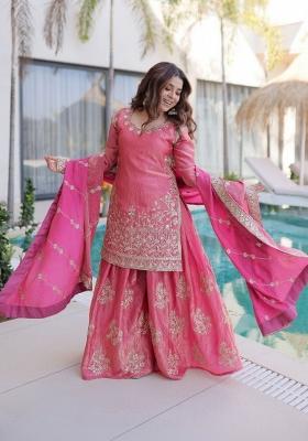 Pink Embroidery Silk Kurta Set