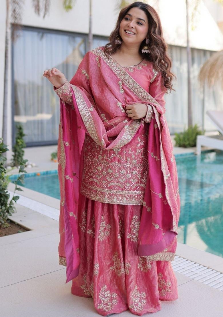Pink Embroidery Silk Kurta Set - Indya