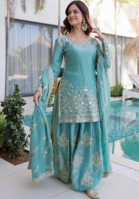 Sky Blue Embroidery Silk Kurta Set