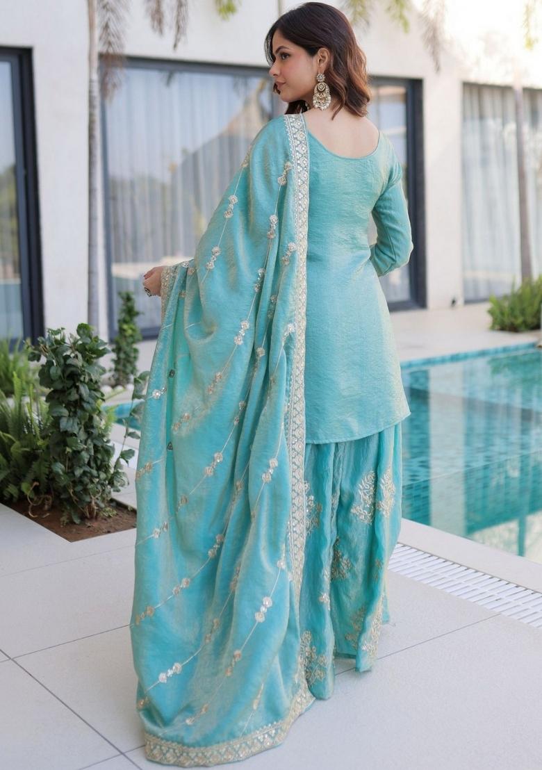 Sky Blue Embroidery Silk Kurta Set - Indya