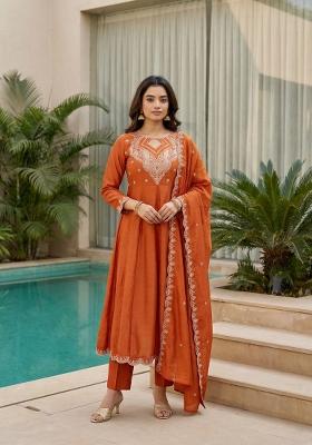 Red Embroidery Silk Kurta Set