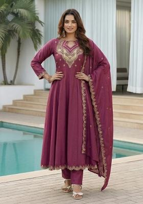 Purple Embroidery Silk Kurta Set