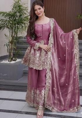 Pink Embroidery Silk Kurta Set
