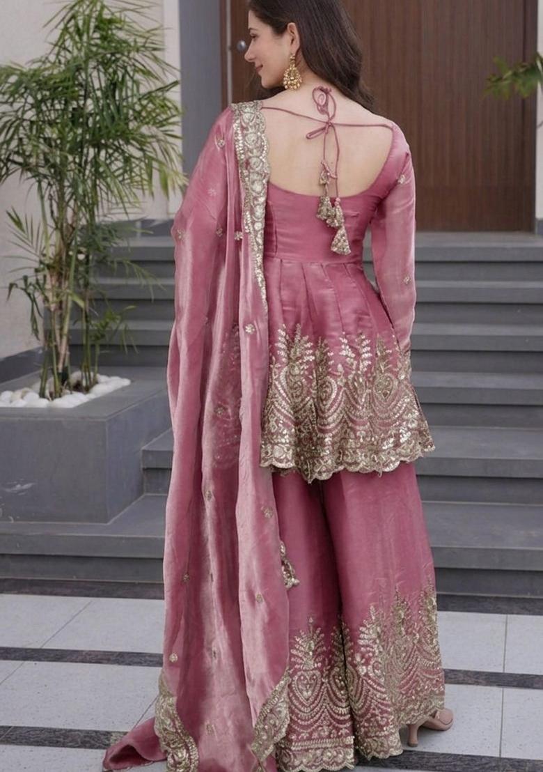 Pink Embroidery Silk Kurta Set - Indya