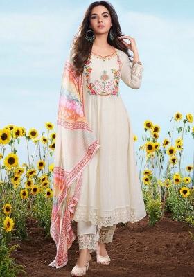 Cream Embroidery Silk Kurta Set